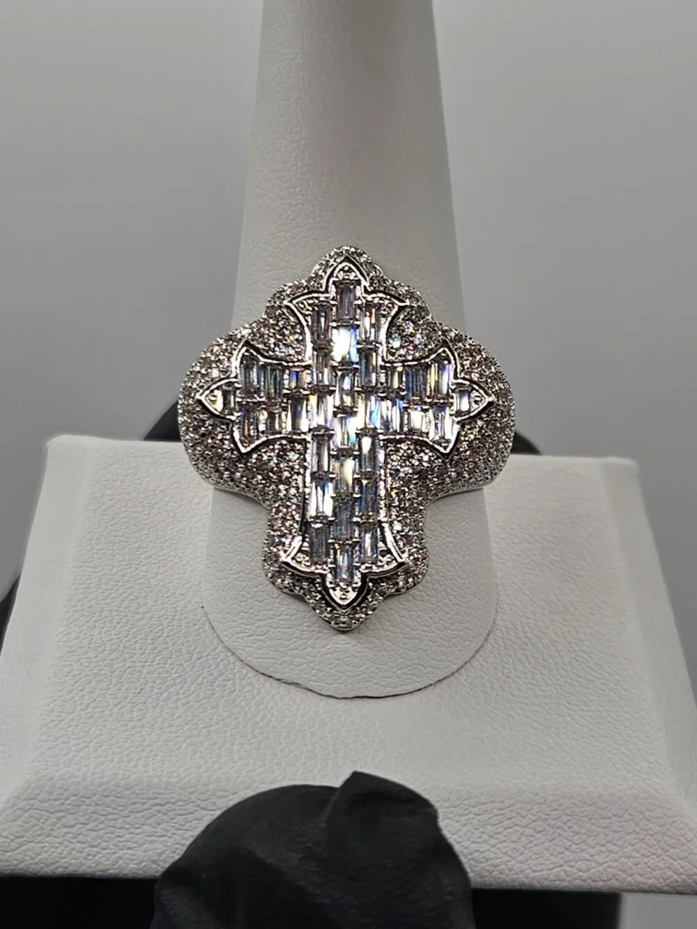 Iced Out Silver Filled Cross Ring 5A CZ Baguette Iced Out Size 11
